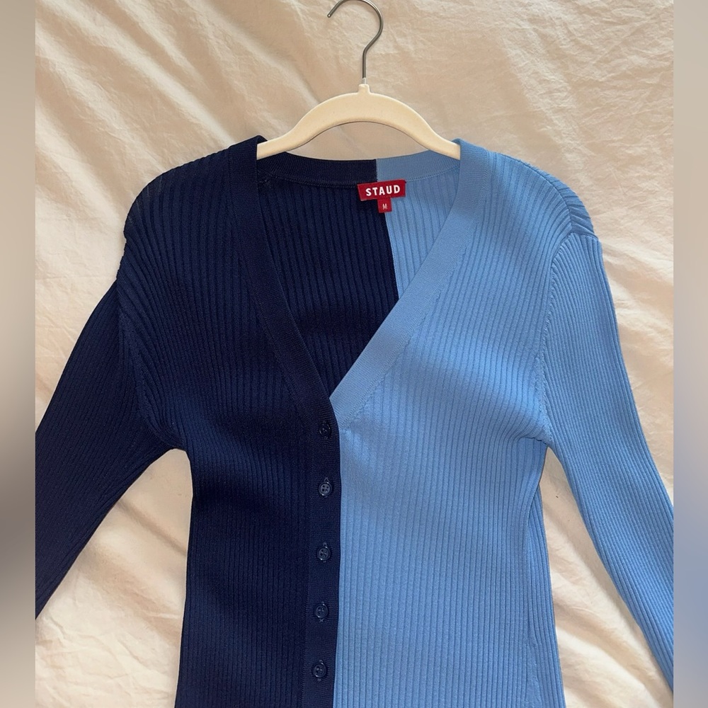 STAUD Asymmetrical Dress in Navy and Light Blue